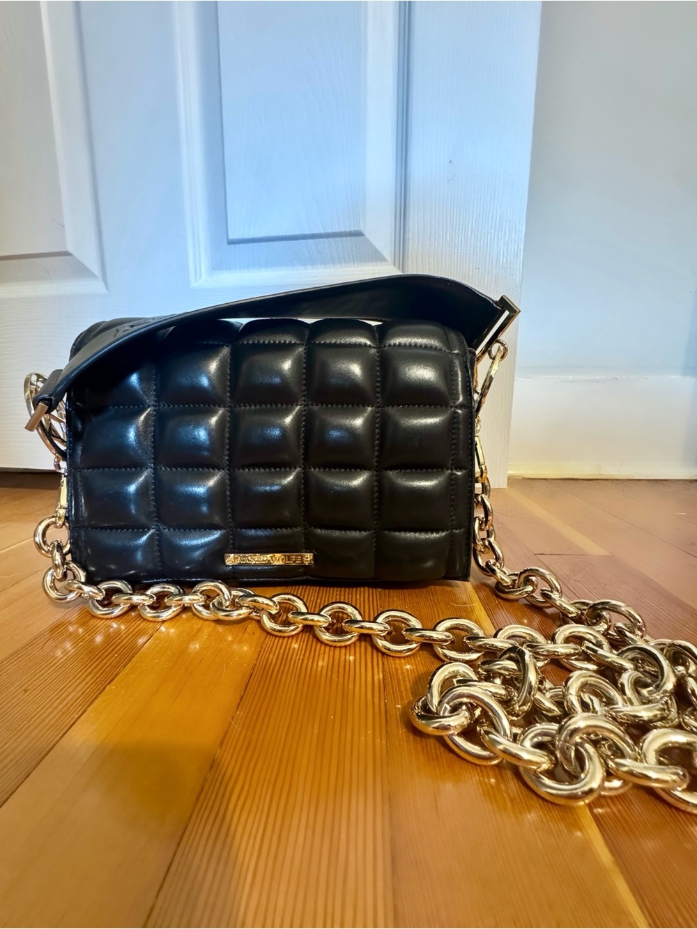 Naked Wolfe Black Quilted Crossbody with Gold Chain